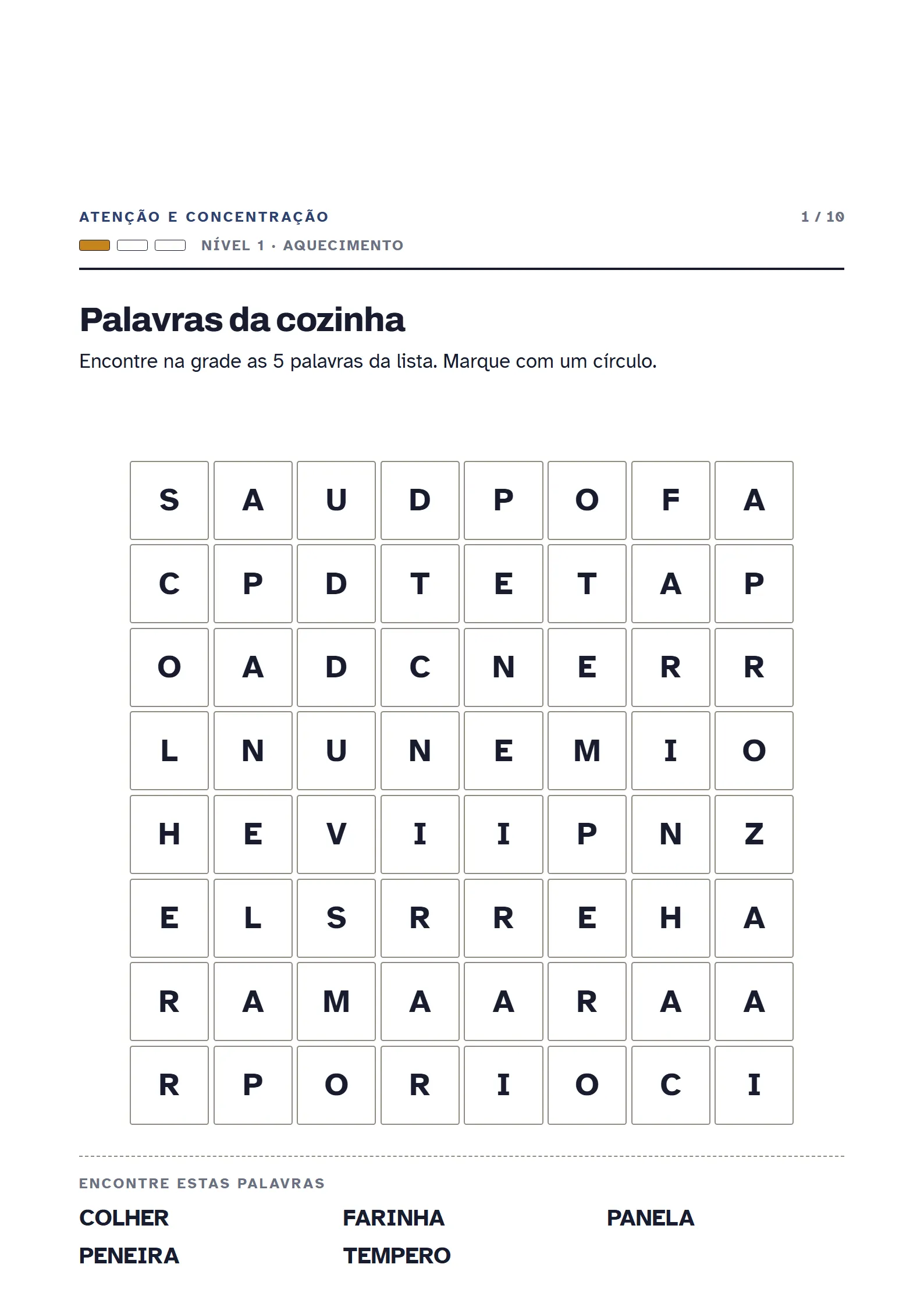 Folha do kit: Palavras da cozinha, do domínio Atenção e concentração