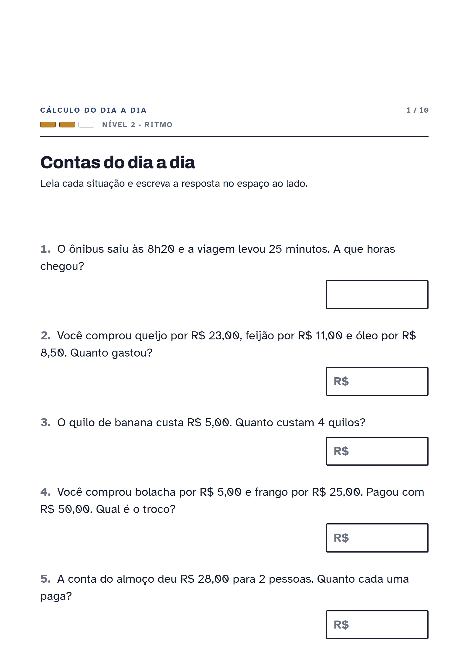 Folha do kit: Contas do dia a dia, do domínio Cálculo