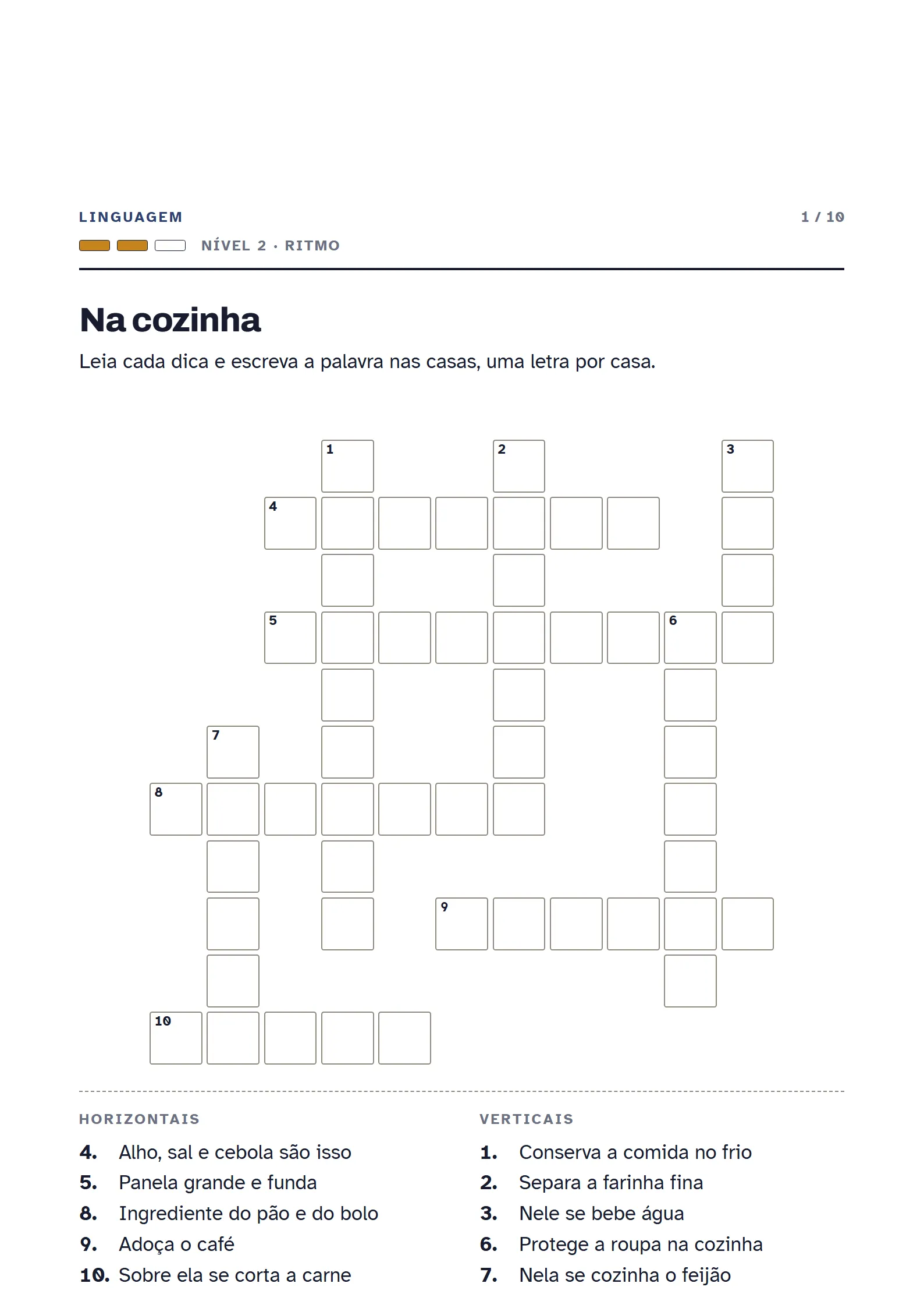 Folha do kit: Na cozinha, do domínio Linguagem